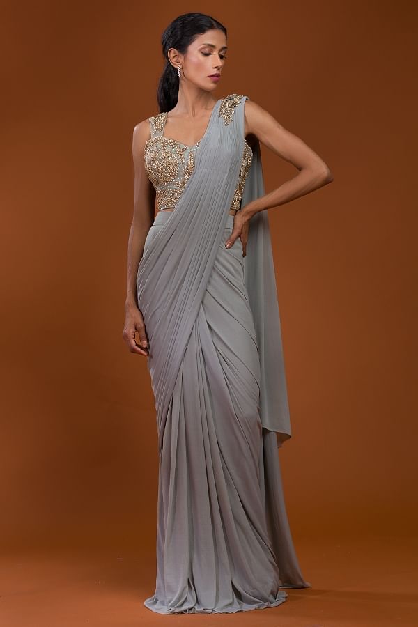 Peach Saree Drape Gown – Shaadilogy
