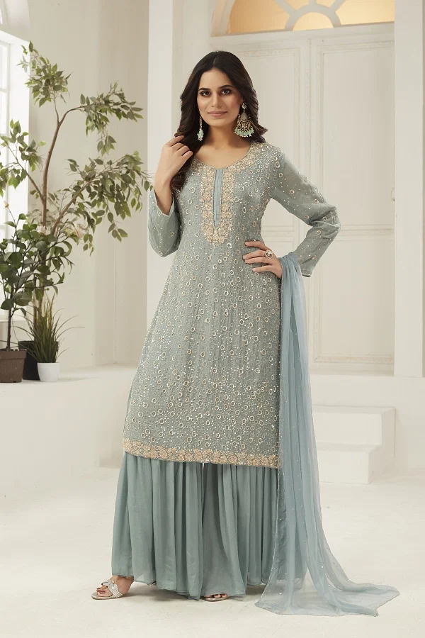 Embroidered Georgette Sharara Suit in Sky Blue - Ucchal Fashion