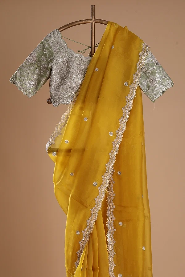 Organza Floral Printed Mustard Yellow Saree With Scallop Gotta Patti Work  Border | Kankatala