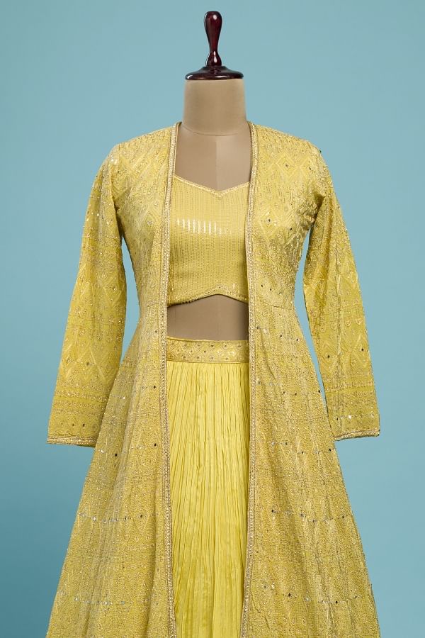 Osaa by Adarsh Embroidered Jacket Lehenga Set | Yellow, Sequin, Organza,  Round, Three Quarter | Aza fashion, Embroidered jacket, Lehenga