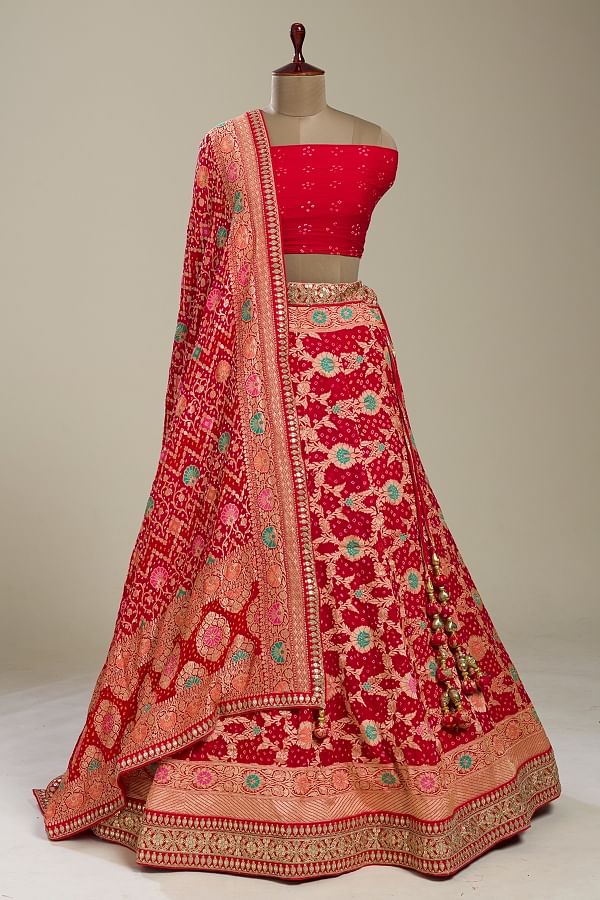 Golden Hand Embroidered Bridal Lehenga With Dark Red Bandhani Dupatta -  Annu's Creation