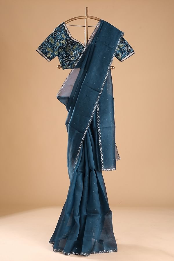 Designer Handmade Dark Denim Blue Flower Printed Pure Organza Saree –  Organza Mall