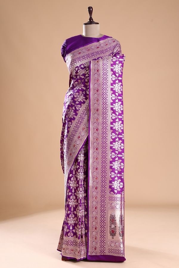 Banarasi Pure Katan Silk Saree With Zari Buti Weaving & Border-Purple –  Banarasikargha