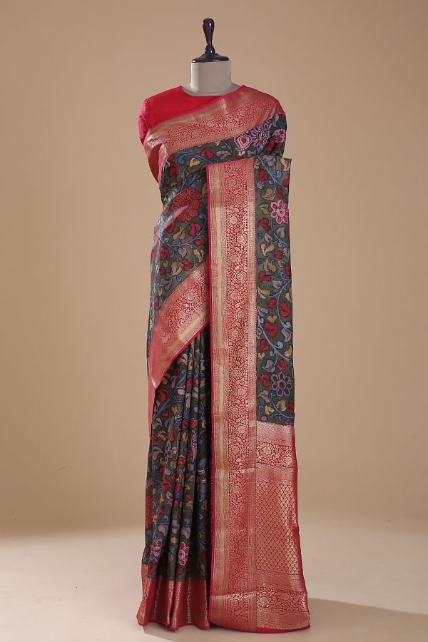 Gorgeous Pure Tussar Silk Kalamkari Design Saree with Zari Border – Sujatra