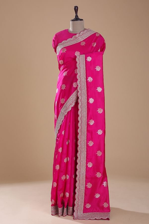 Pink Color Engrossing Weaving And Stone Work Saree In Organza Fabric