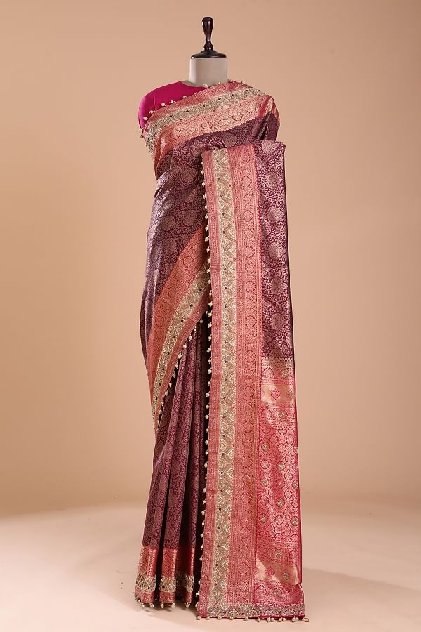 Zardosi Dark Red Drape Saree with faux half jacket