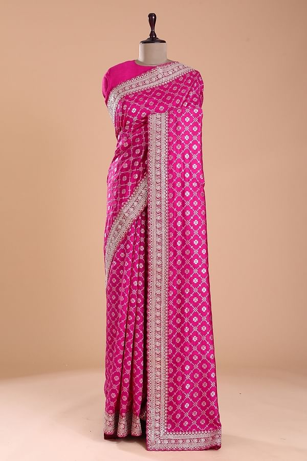 Radiant Pink Colored Festive Wear Woven Banarasi Silk Saree With Tassels