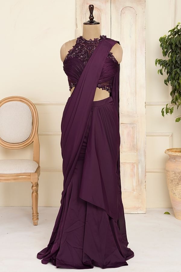 Buy Checks Tassel Draped Saree Gown with a Heavily Embroidered Jacket