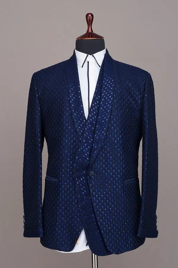 Ocean Cavern Blue Sequins Embroidered Raw Silk Tuxedo Suit-SI3648