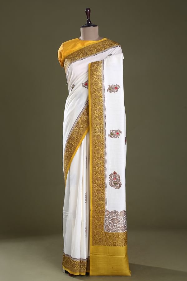 Off-White Zari Woven Banarasi Tussar Silk Saree-NK2385