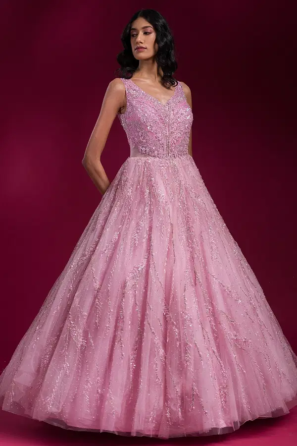 Buy Baby Pink Stone Embroidered Net Reception Gown Online Samyakk