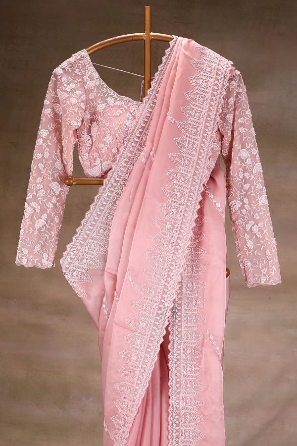 Buy Pink Sequins Embroidery Tussar Silk Saree with Readymade Blouse Online Samyakk
