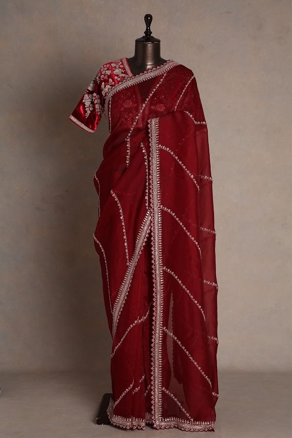 Women's Organza Maroon Woven Design Celebrity Saree With Blouse Piece -  SareeMall | Saree designs, Saree, Designer silk sarees