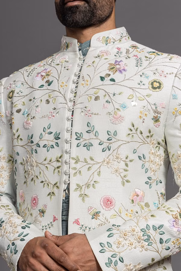 Buy Off White Resham Embroidered Raw Silk Wedding Sherwani Online