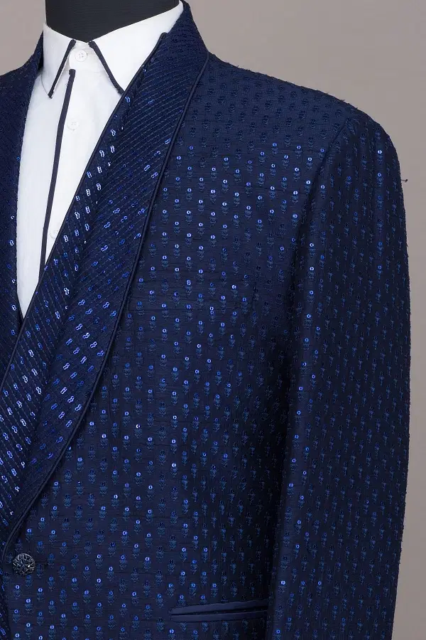 Ocean Cavern Blue Sequins Embroidered Raw Silk Tuxedo Suit-SI3648