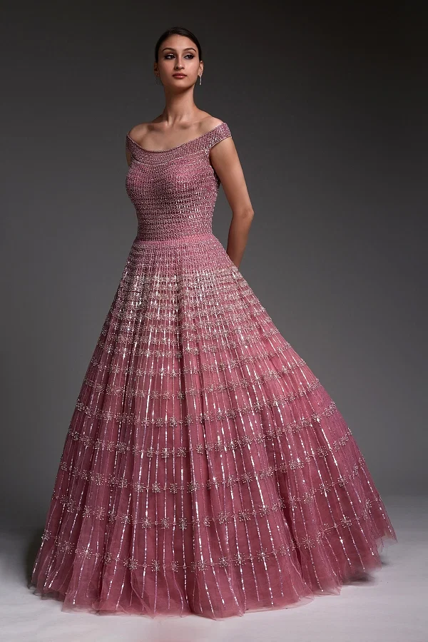 Dusty Rose Organza Zardosi Embroidered Gown Design by Shantnu & Nikhil at  Pernia's Pop Up Shop 2024