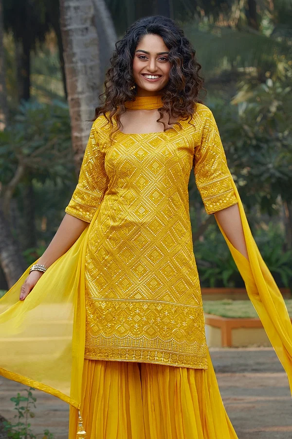Buy Floral Printed Cotton Sharara Suit with Dupatta – Jyoti Fab