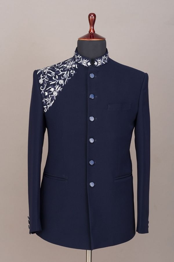 Buy Navy Blue Woven Italian Jodhpuri Suit Online | Samyakk