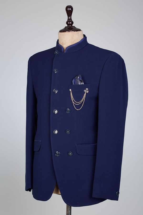 Buy Navy Blue Woven Italian Jodhpuri Suit Online Samyakk