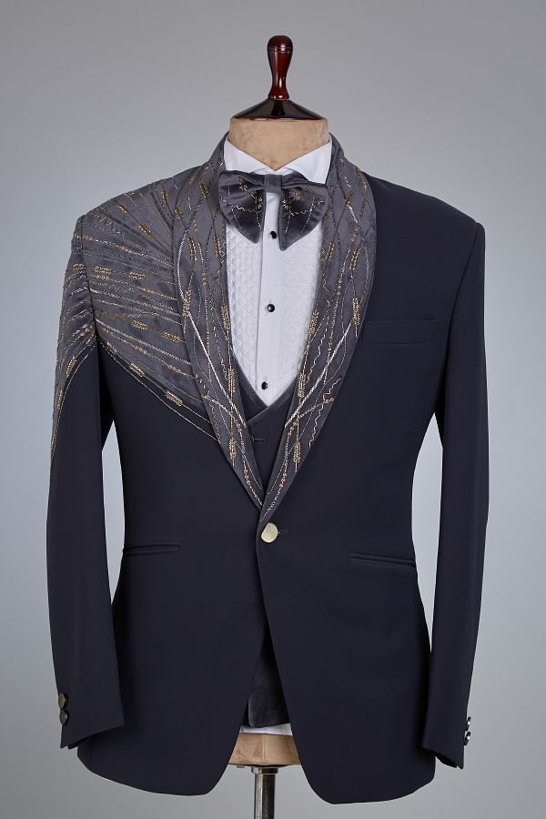 Buy Dark Wine Cutdana Embroidered Italian Tuxedo Suit Online