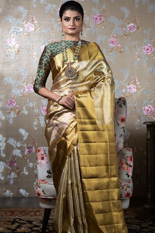 Sandal vasundhara silk mix saree with zari buttas, contrast border of  traditional designs & intricately designed pallu
