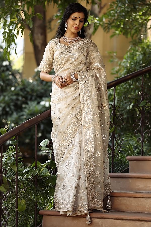 Grey All Over Embroidery and Mirror Work Saree in Silk - SAEI3304...
