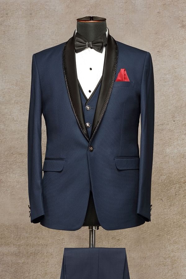 2 piece Textured Tuxedo Suit - Blue - P N RAO