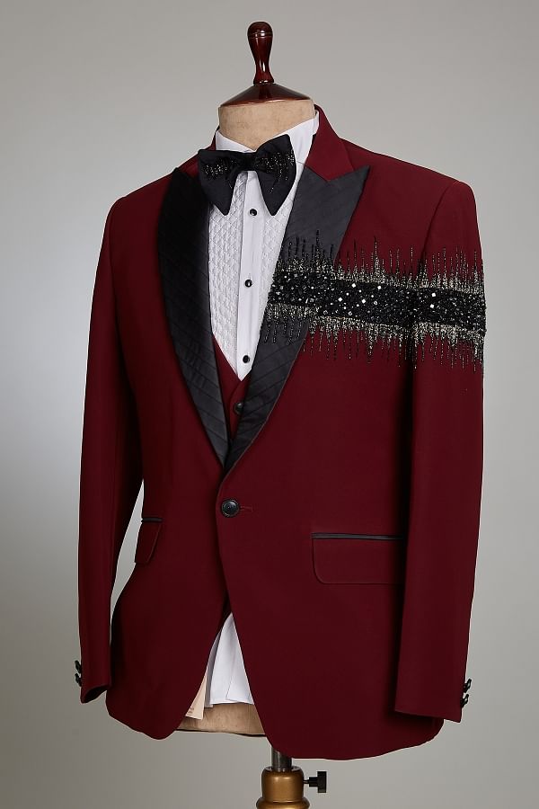 Buy Wine Red Sequins Embroidered Silk Tuxedo Suit Online Samyakk