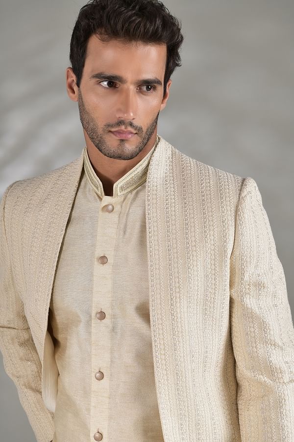 Buy Light Beige Thread Embroidered Silk Jodhpuri Suit Online Samyakk