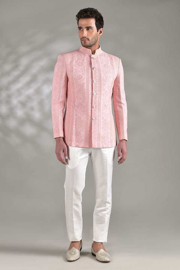 Buy Pastel Peach Sequins Embroidered Georgette Jodhpuri Suit