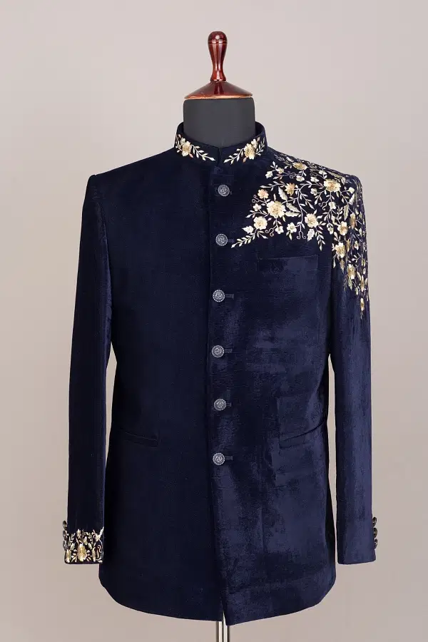 Blue velvet on sale jodhpuri suit
