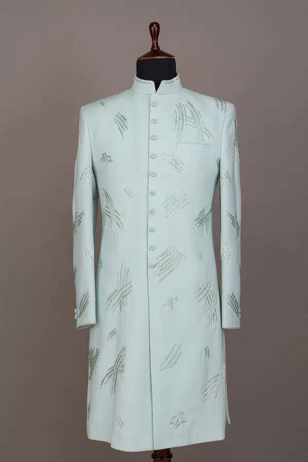 Buy Whispering Blue Cutdana Embroidered Silk IndoWestern Sherwani Online Samyakk