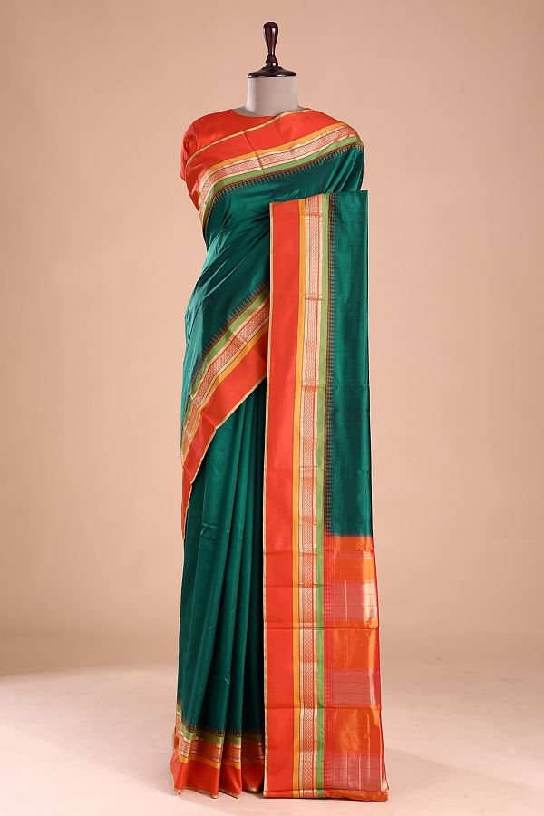 Handwoven Green Sico Gadwal Saree – EARTHICA