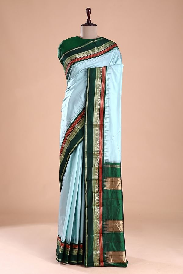 Cream and Black Gadwal Silk Handloom Saree with Mango Pallu and Temple –  Uppada